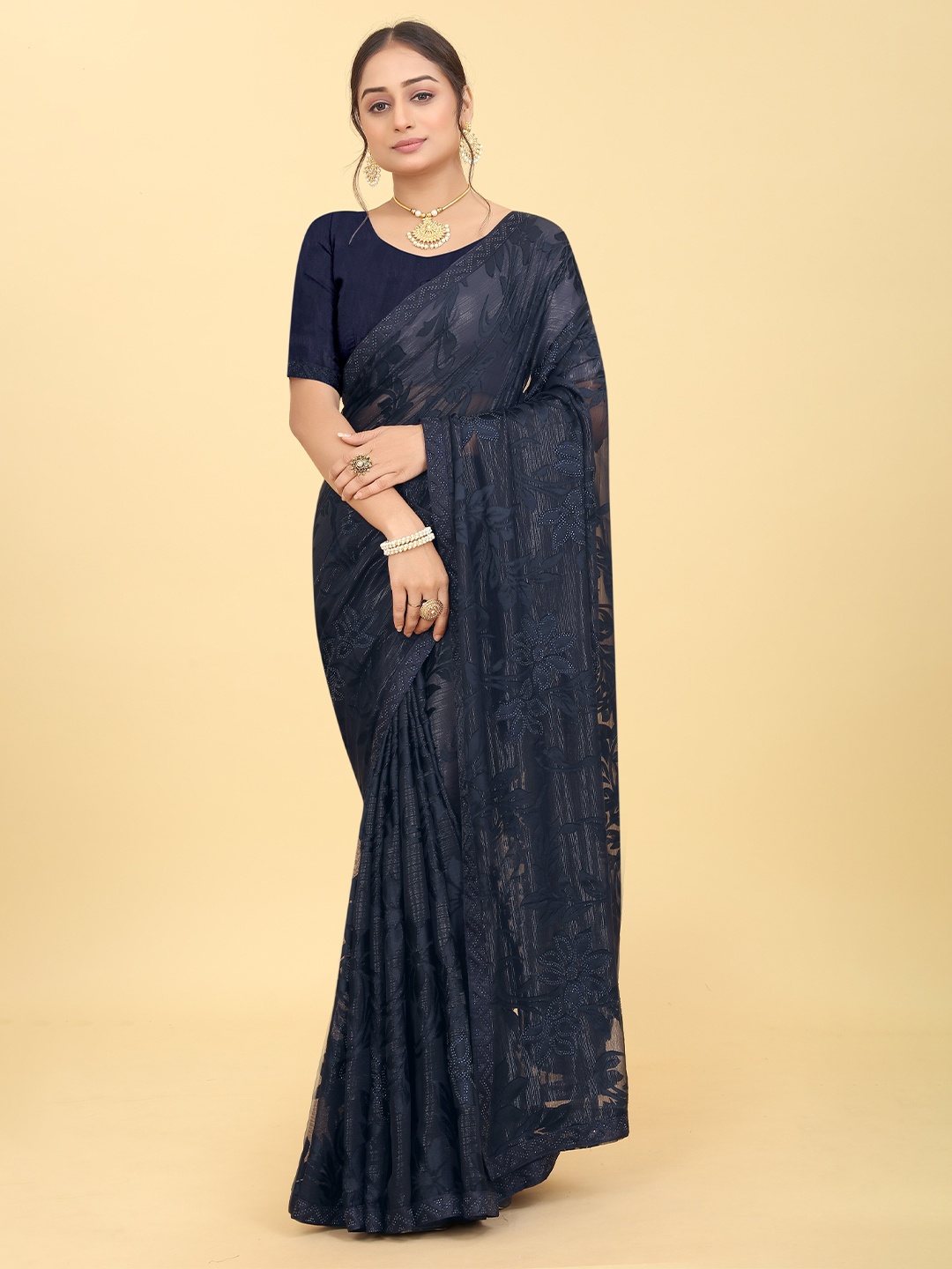 

Kiwie Floral Beads and Stones Satin Saree, Navy blue