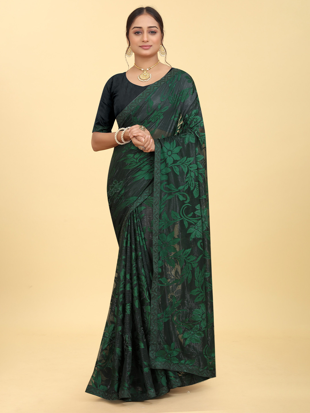 

Kiwie Floral Beads and Stones Satin Saree, Green
