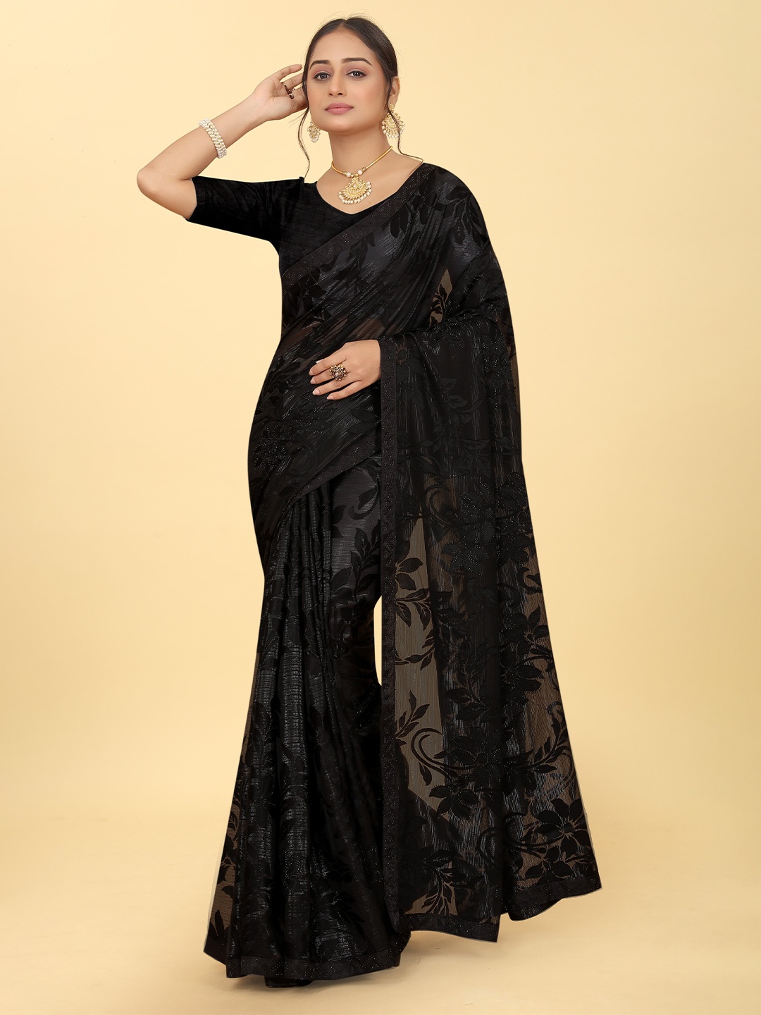 

Kiwie Floral Beads and Stones Satin Saree, Black