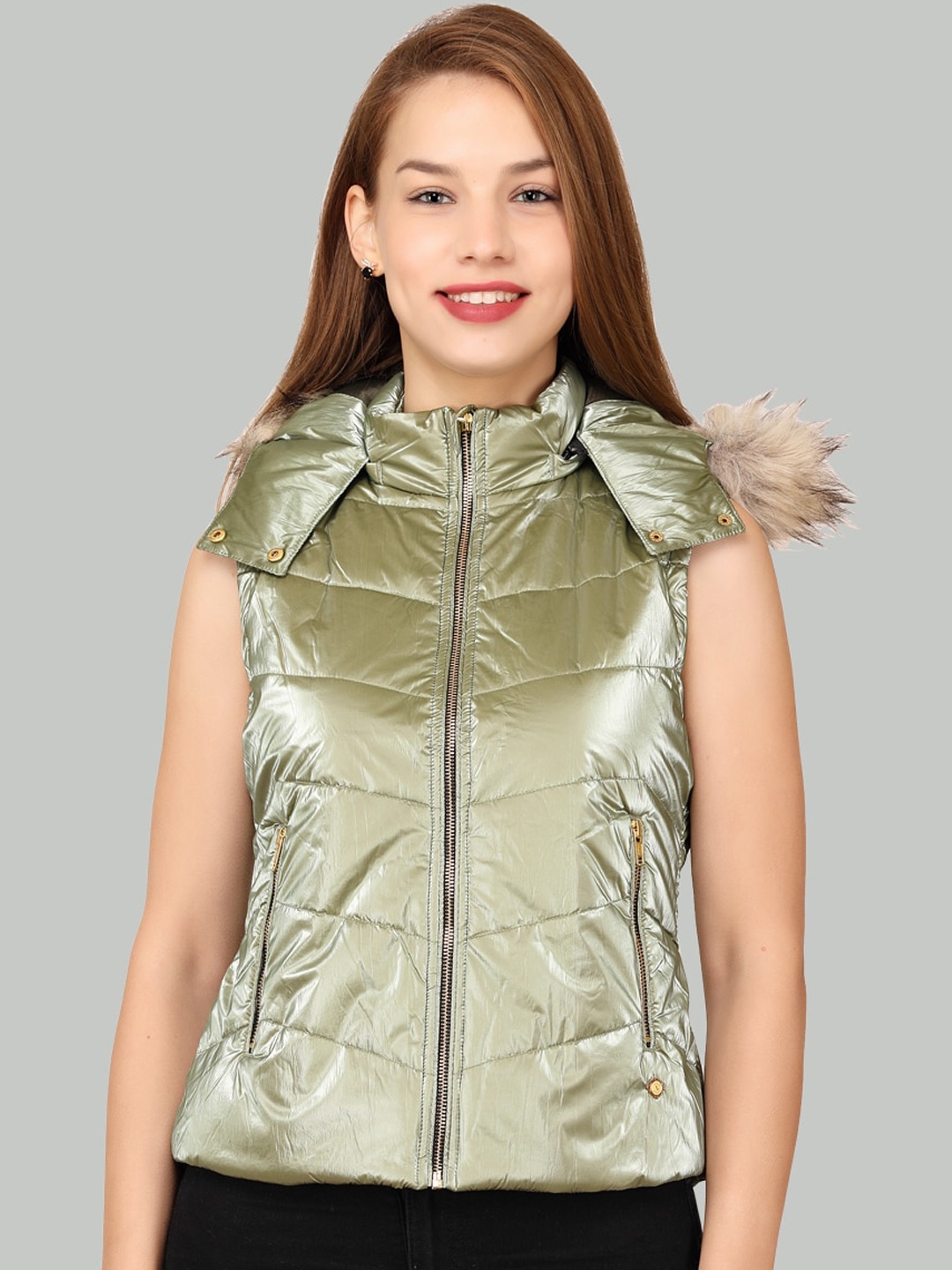 

LA-VITA Lightweight Sleeveless Faux Fur Trim Hooded Padded Jacket, Olive