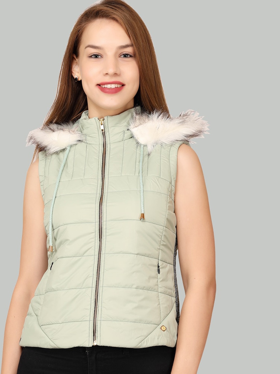 

LA-VITA Lightweight Faux Fur Trim Sleeveless Hooded Padded Jacket, Green