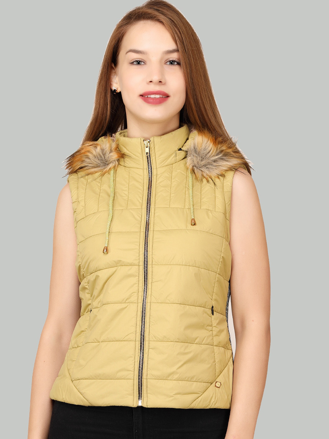 

LA-VITA Lightweight Faux Fur Trim Sleeveless Hooded Padded Jacket, Yellow