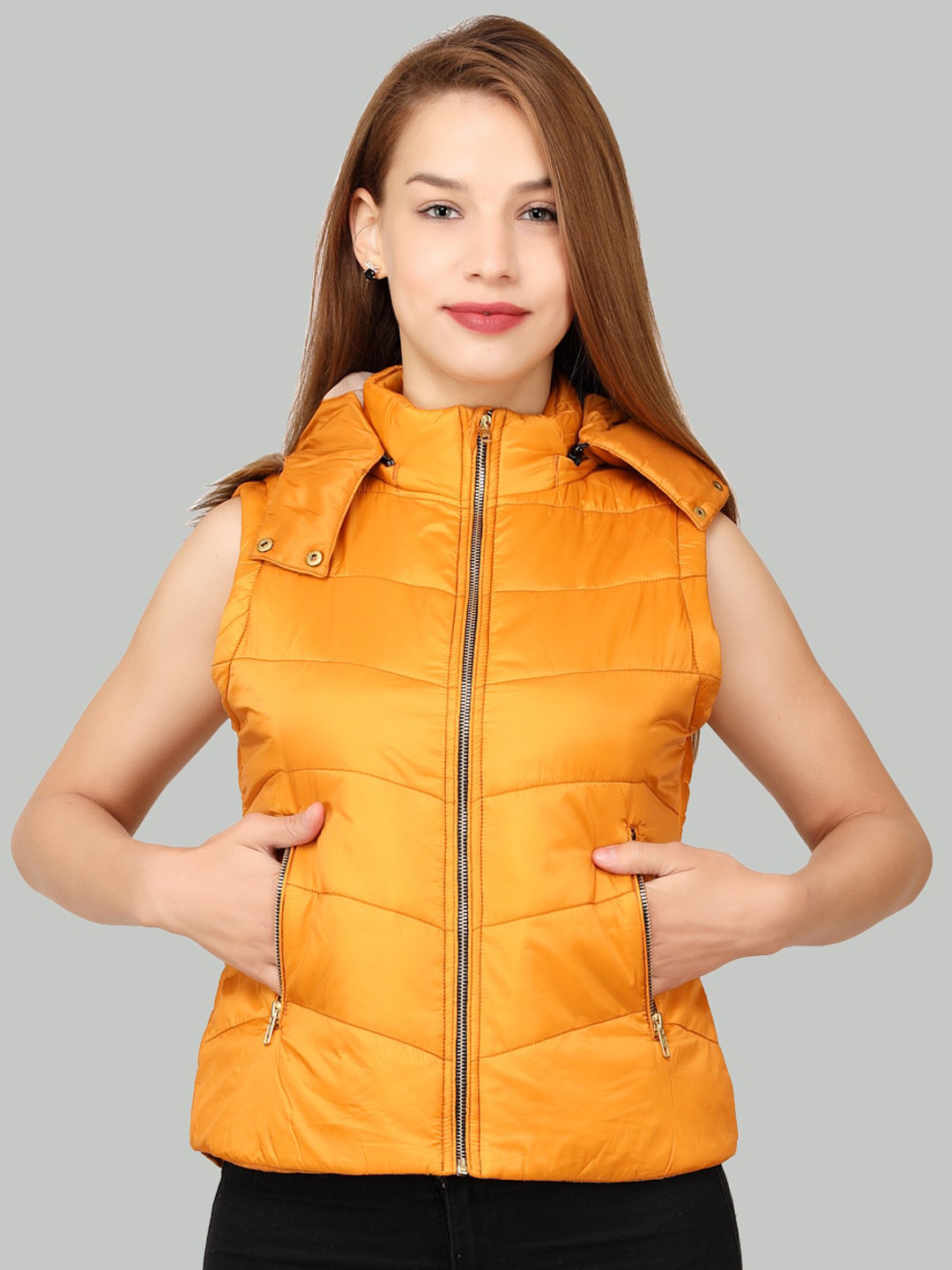 

LA-VITA Lightweight Faux Fur Trim Sleeveless Hooded Padded Jacket, Yellow