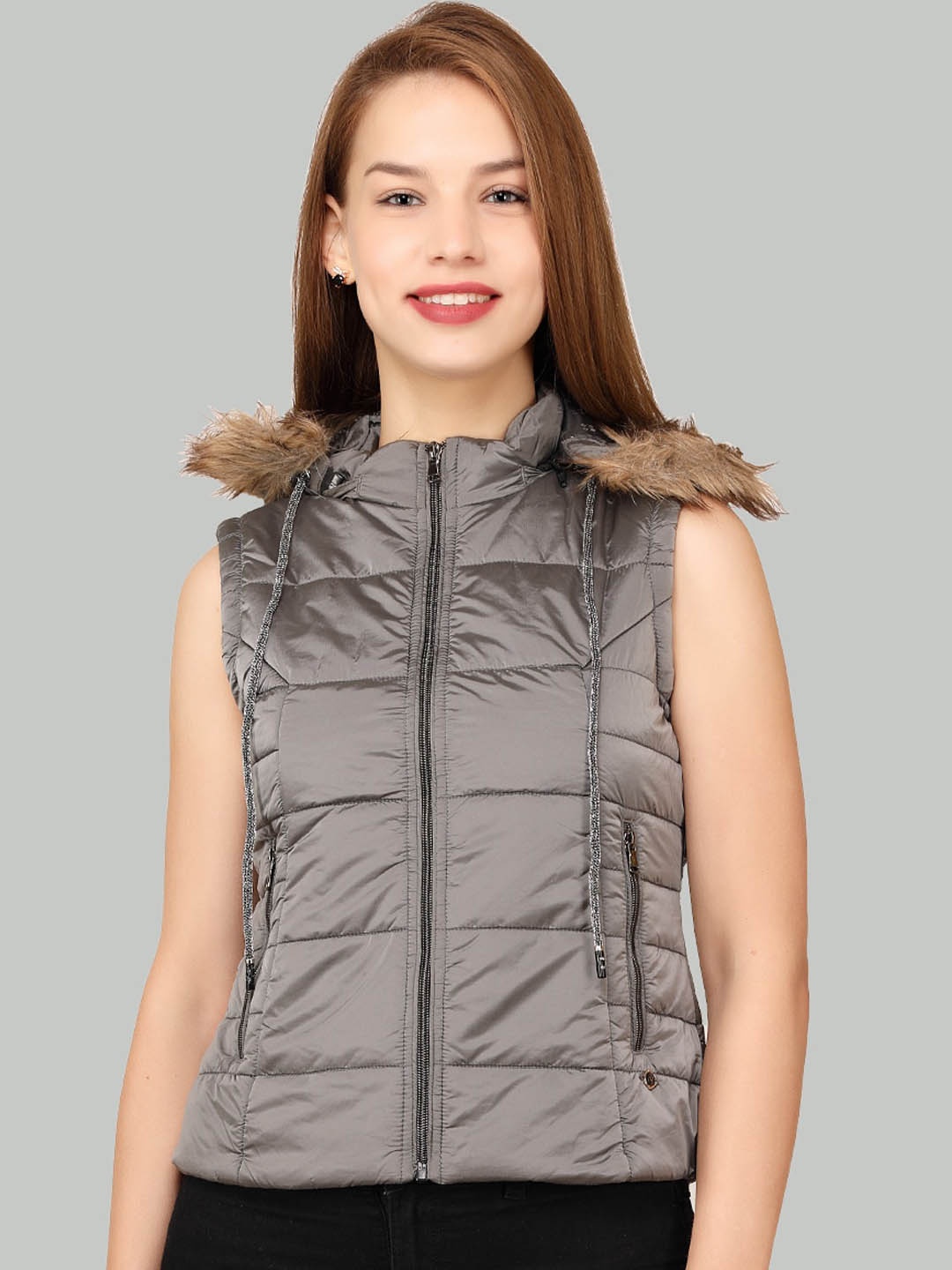

LA-VITA Lightweight Faux Fur Trim Sleeveless Hooded Padded Jacket, Silver