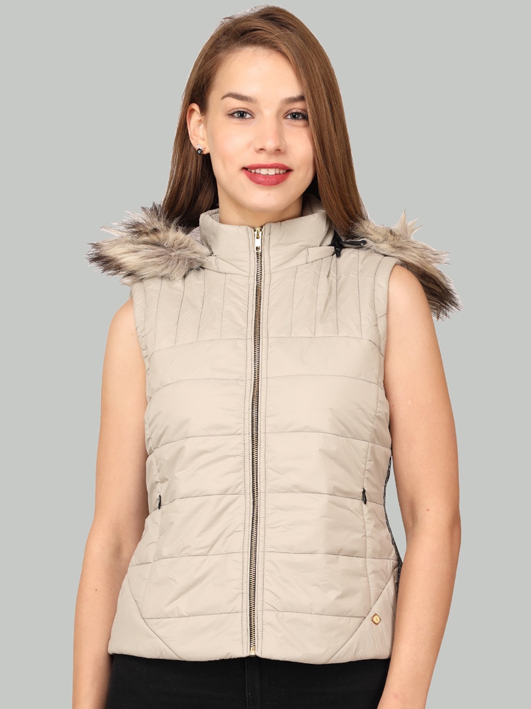 

LA-VITA Lightweight Faux Fur Trim Sleeveless Hooded Padded Jacket, Grey