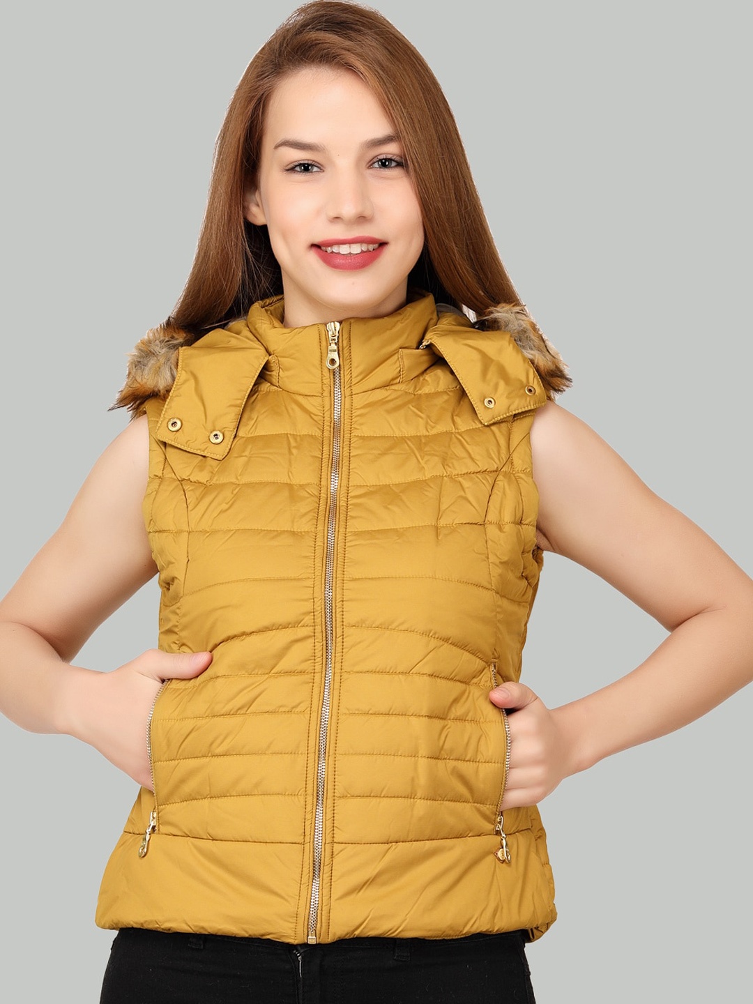 

LA-VITA Lightweight Faux Fur Trim Sleeveless Hooded Padded Jacket, Mustard