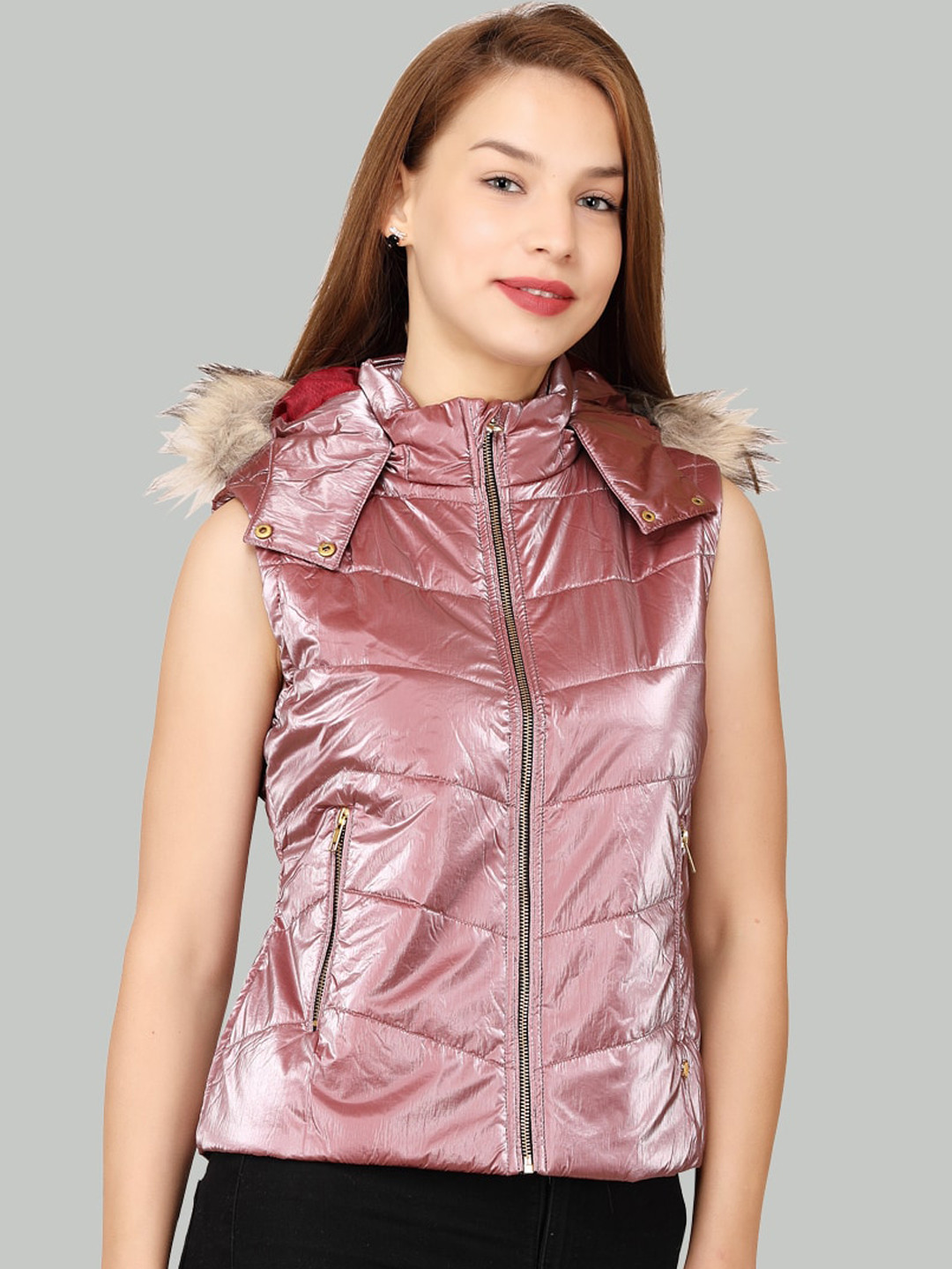 

LA-VITA Lightweight Faux Fur Trim Sleeveless Hooded Padded Jacket, Maroon