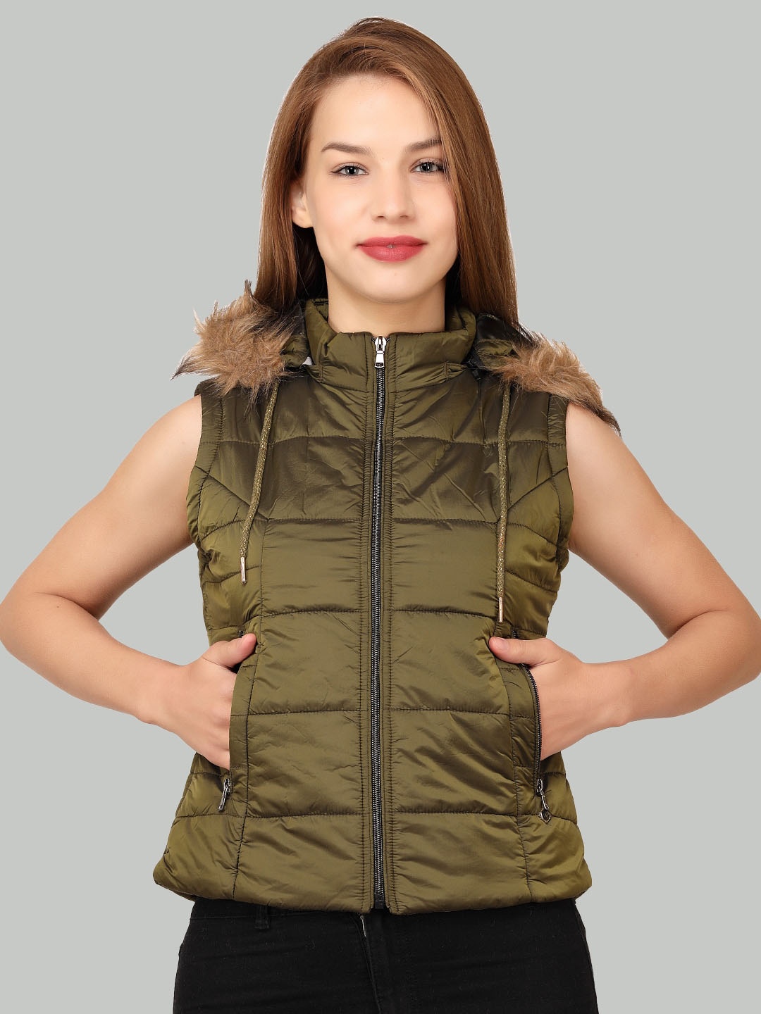 

LA-VITA Lightweight Faux Fur Trim Sleeveless Hooded Padded Jacket, Olive