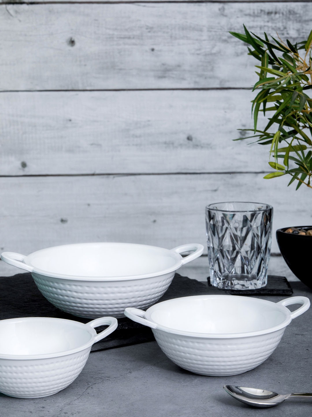 

Servewell White 3-Pieces Dotted Textured Melamine Serving Kadai Set