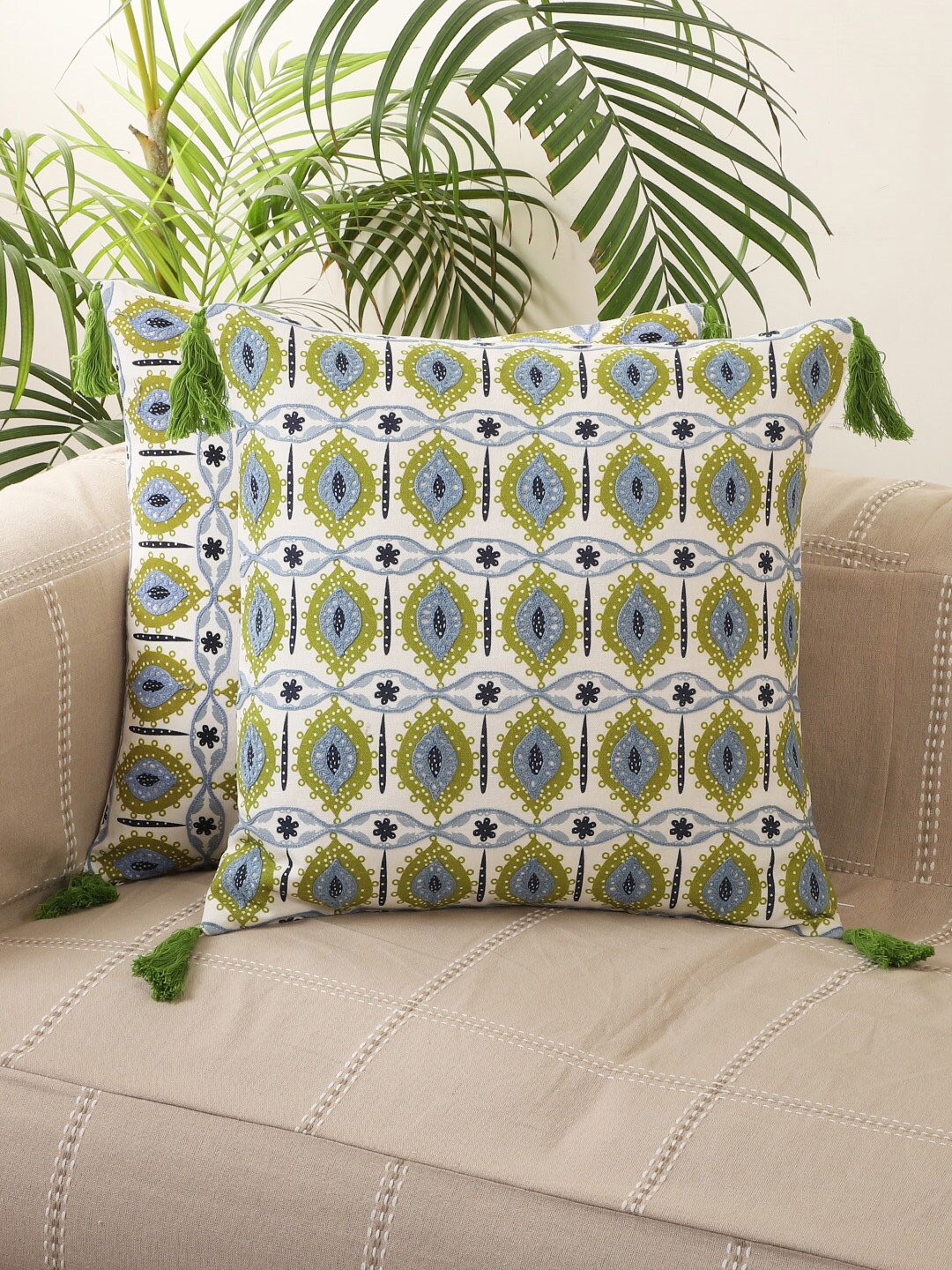 

Jamio Firati 5 Pieces Green & White Embroidered Cotton Square Cushion Covers