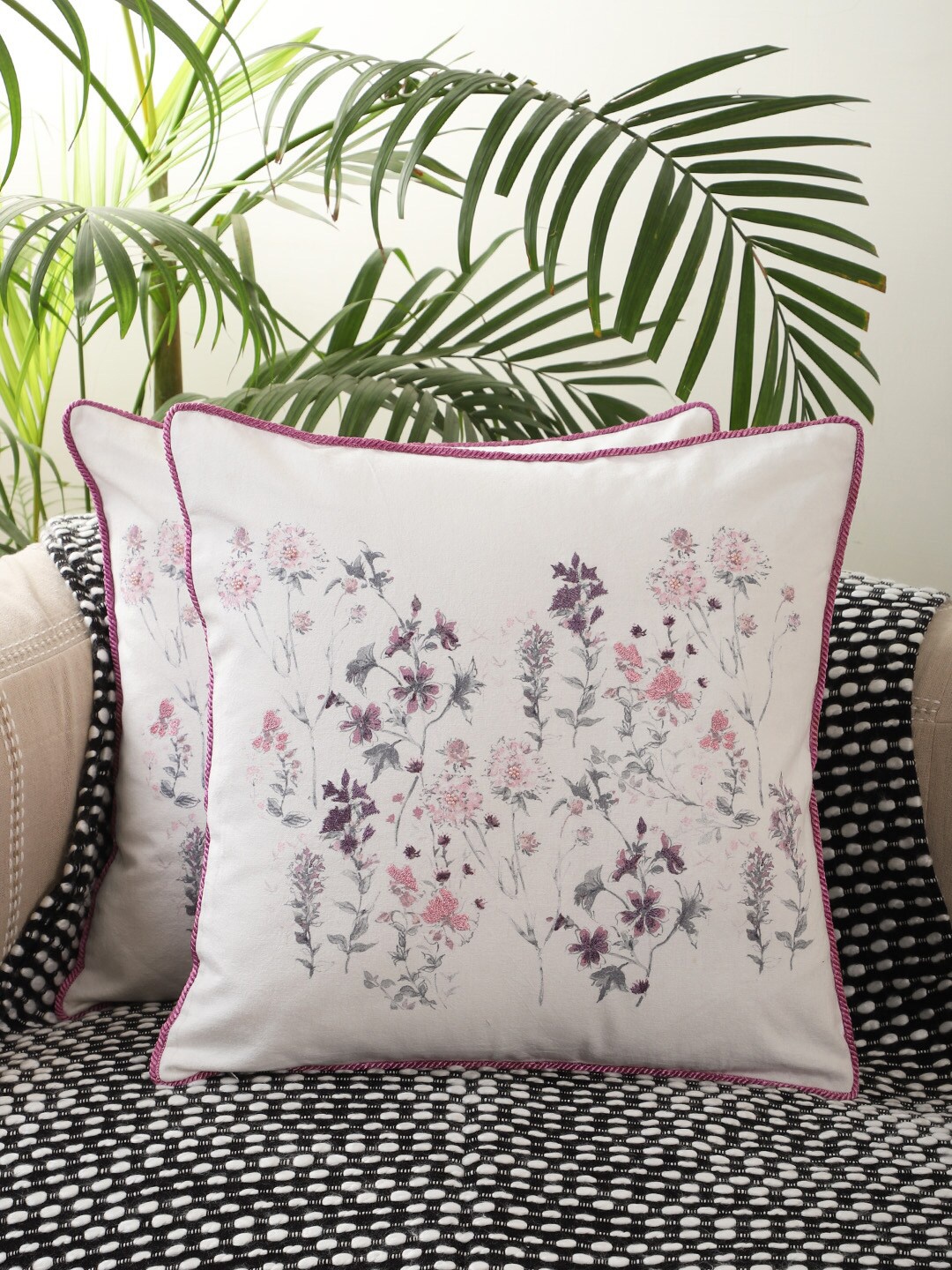 

Jamio Firati Pink & Grey 2 Pieces Floral Printed Cotton Square Cushion Covers