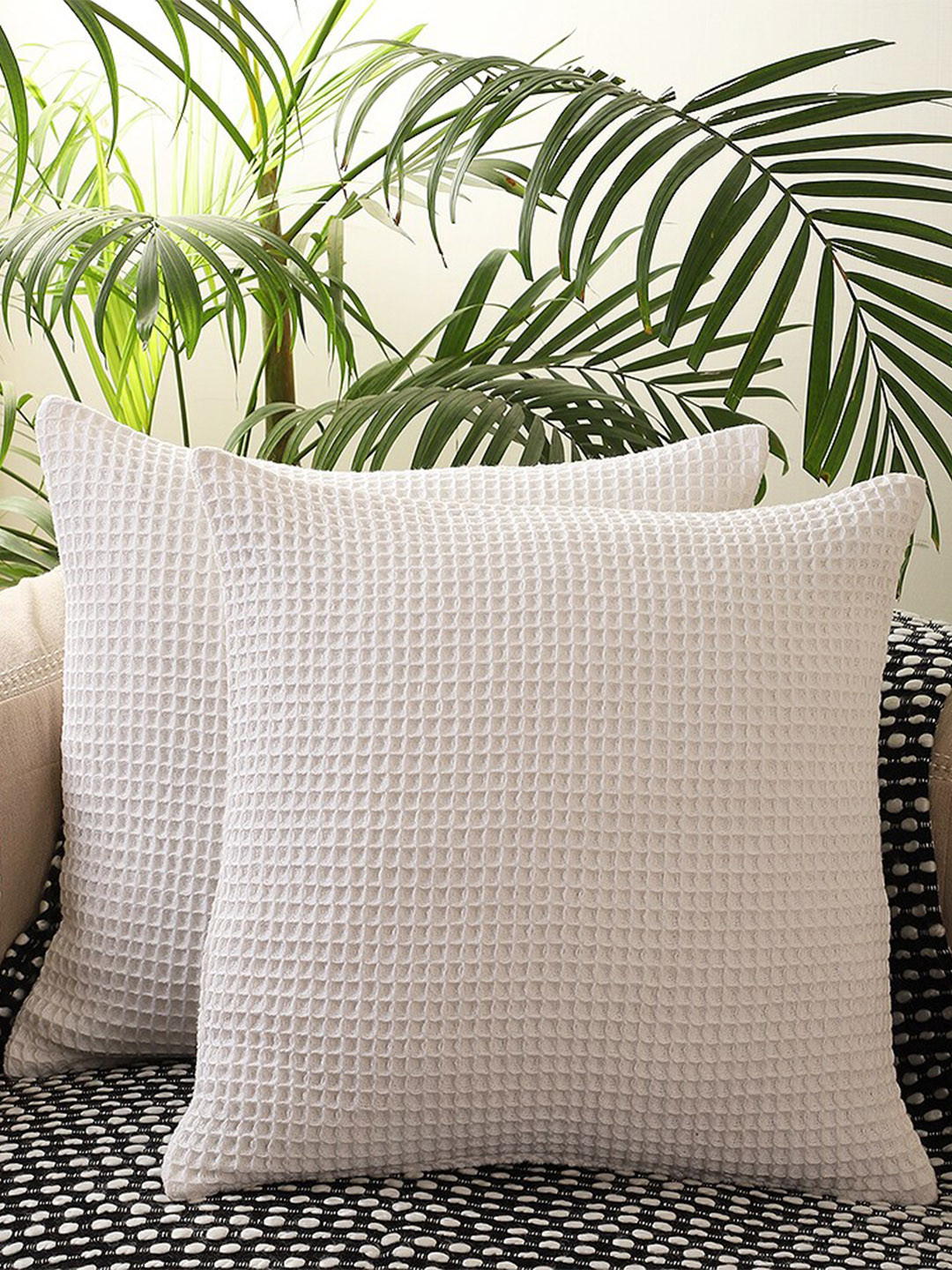 

Jamio Firati White 2-Pieces Checked Cotton Square Cushion Covers
