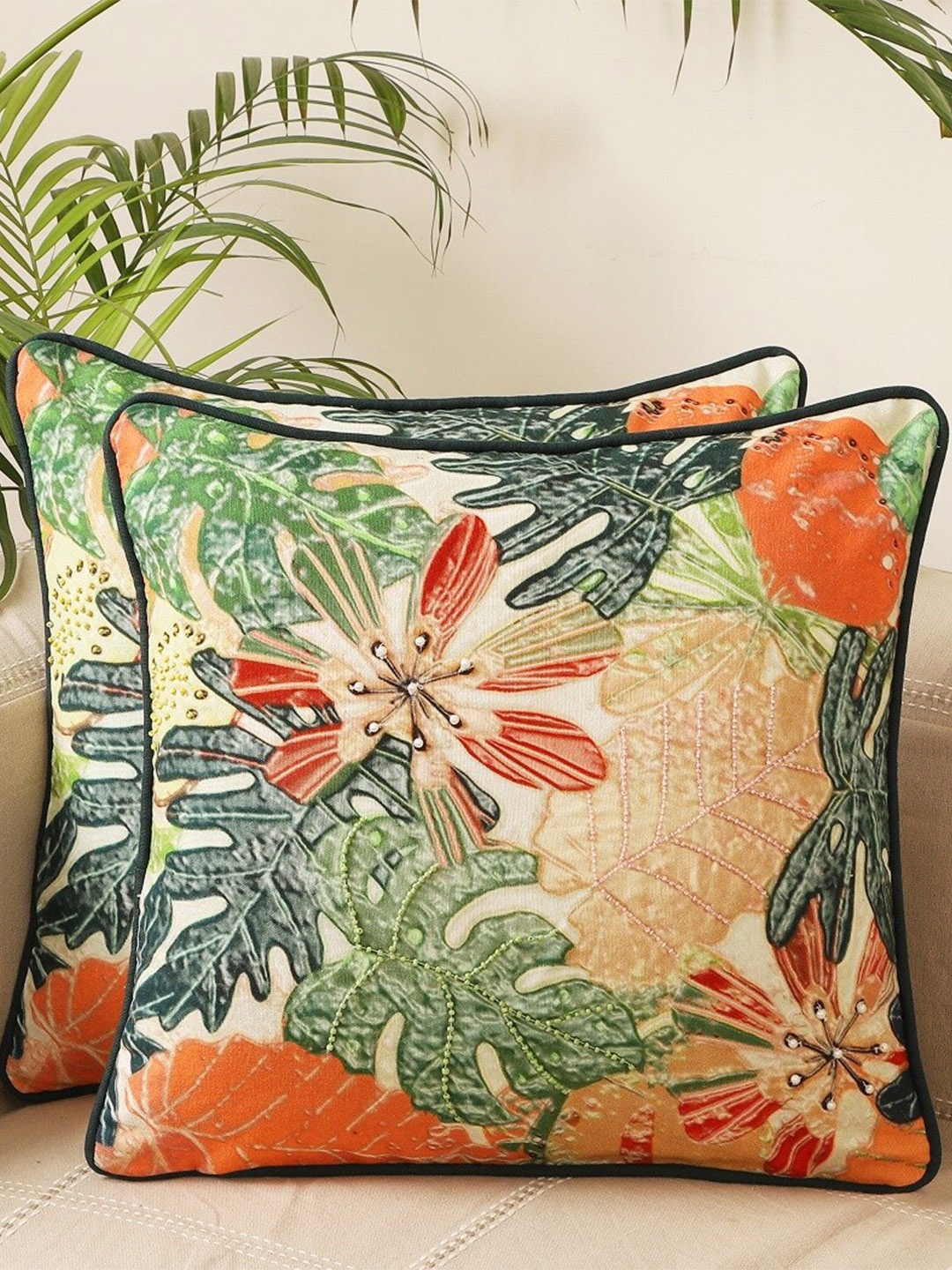 

Jamio Firati Green & Yellow 2 Pieces Floral Square Cotton Cushion Covers