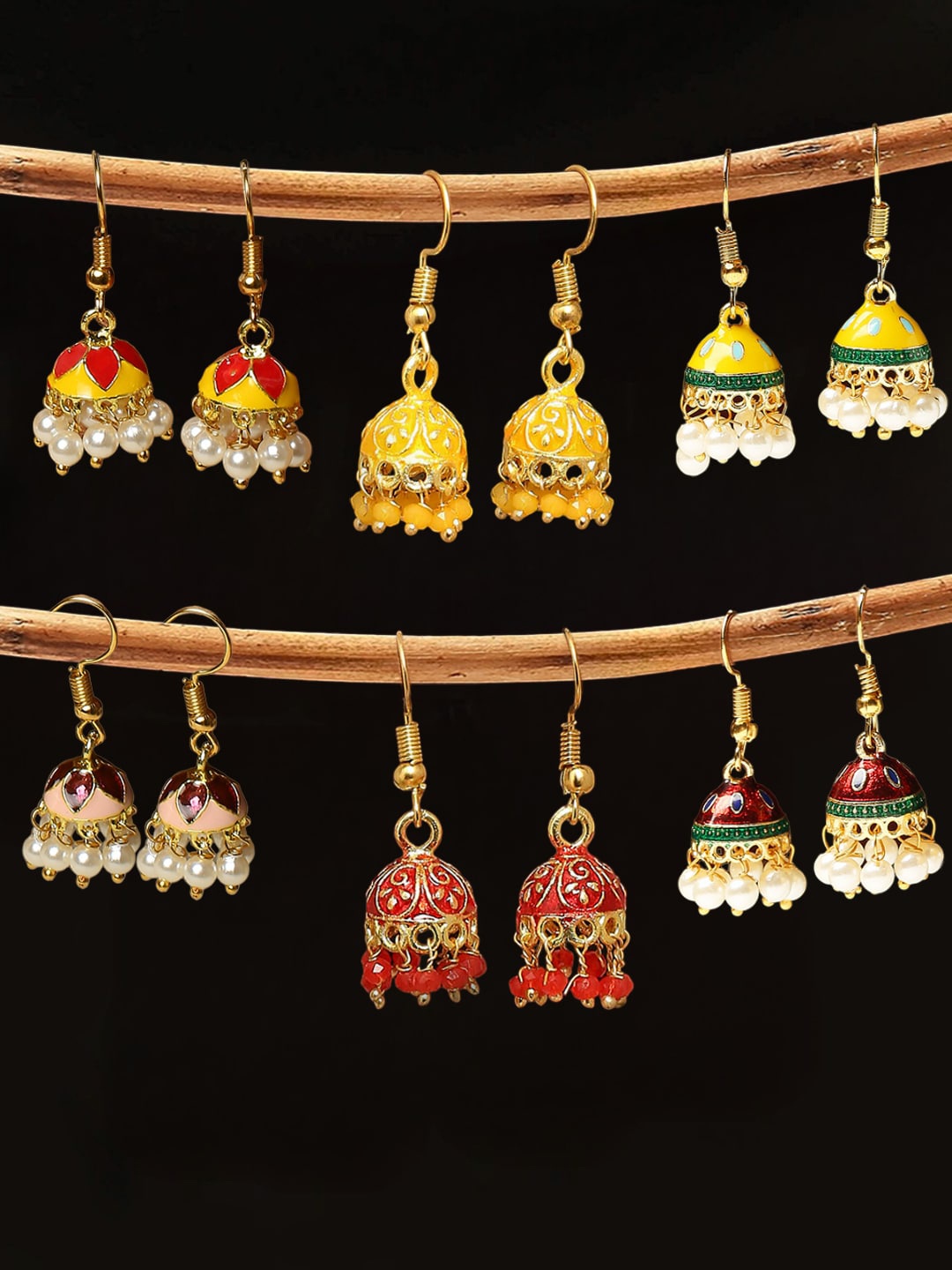 

OOMPH Set Of 6 Gold-Plated Dome Shaped Beaded Meenakari Jhumka