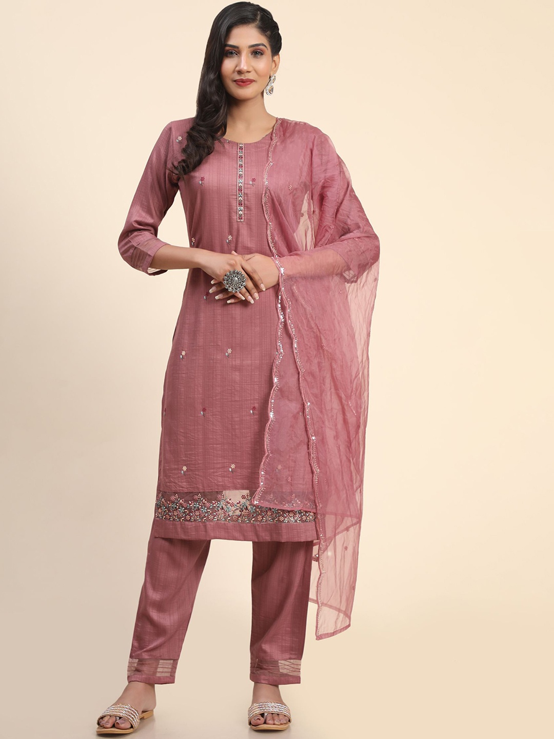 

PREMROOP- THE STYLE YOU LOVE Floral Embroidered Thread Work Kurta & Trousers With Dupatta, Pink