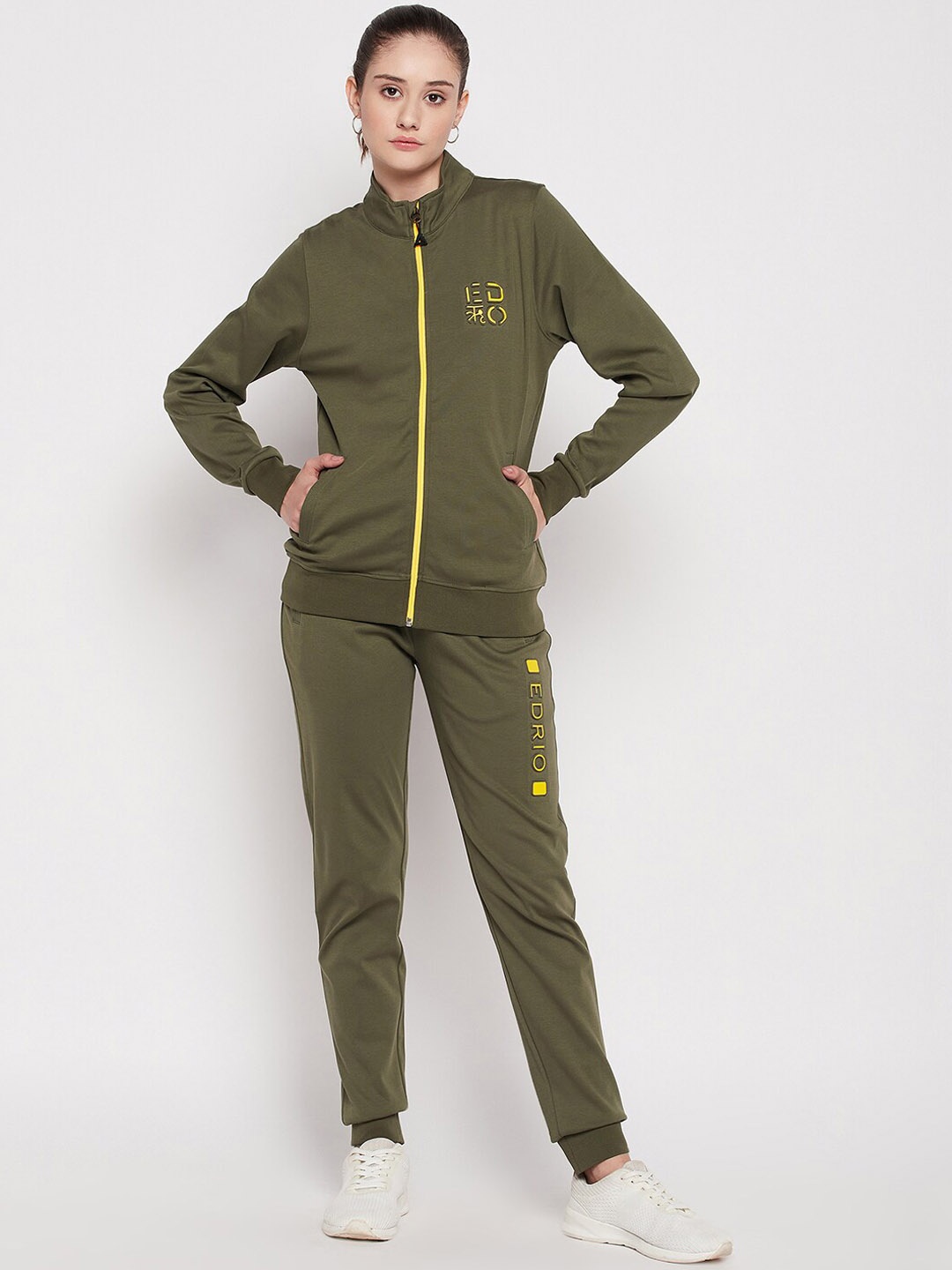 

EDRIO Mock Collar Cotton Mid-Rise Tracksuits, Olive