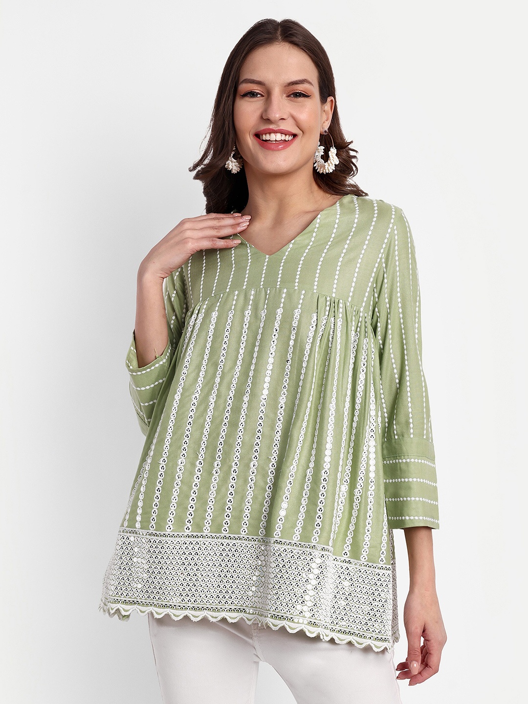 

ESSQUE Embellished Round Neck Gathered Sequined Cotton A-Line Top, Olive