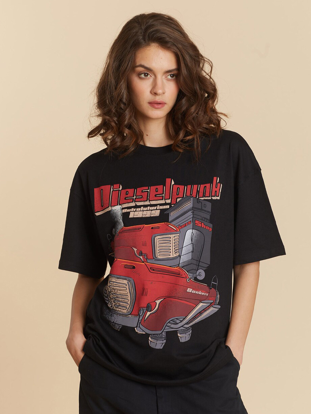 

Bonkers Corner Typography Printed Loose Cotton T-shirt, Black