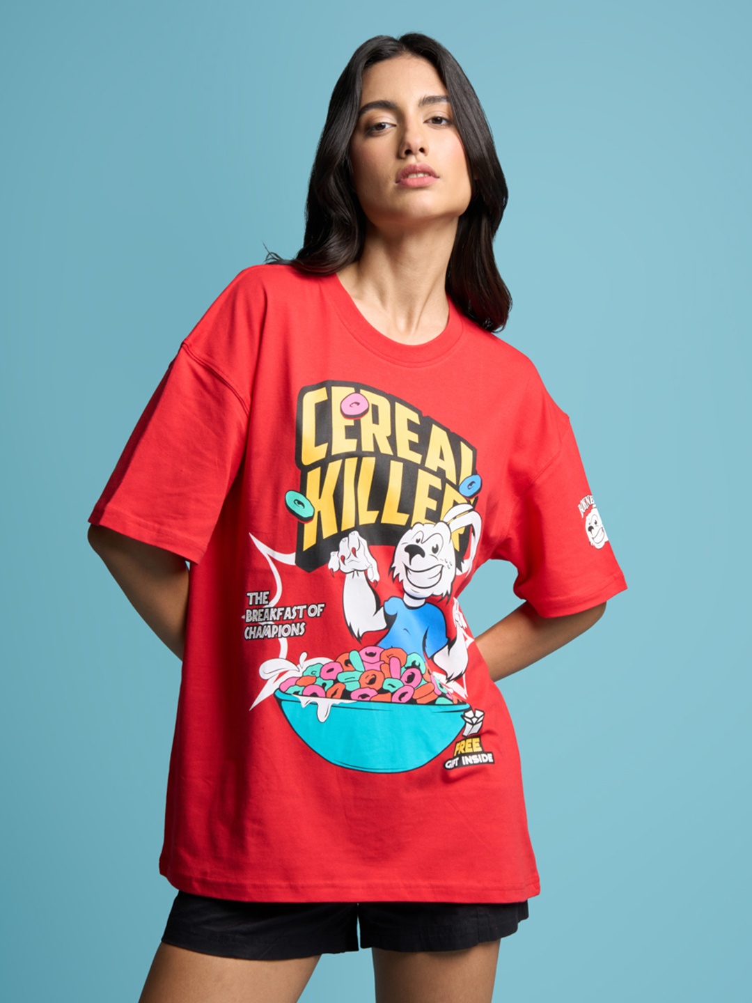 

Bonkers Corner Red Graphic Printed Drop-Shoulder Sleeves Cotton Oversized T-shirt