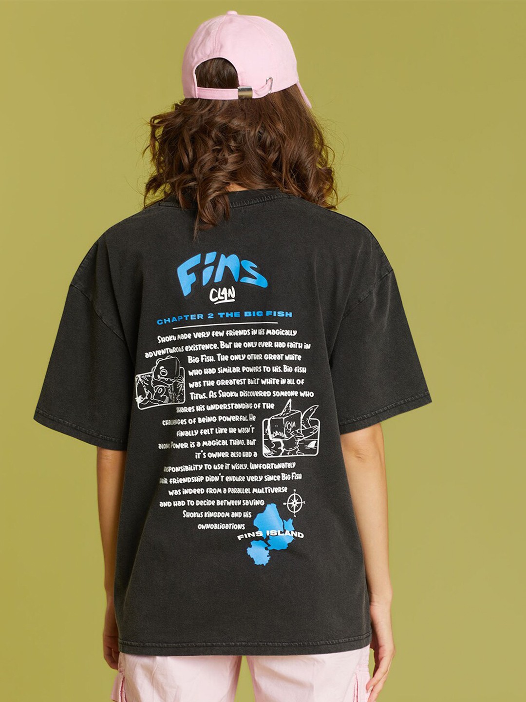 

Bonkers Corner Black Big Fish Printed Drop-Shoulder Sleeves Cotton Oversized T-shirt