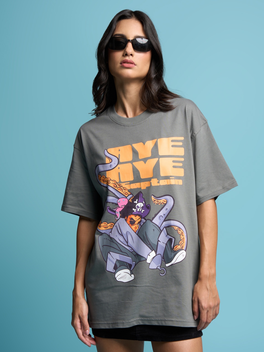 

Bonkers Corner Grey Graphic Printed Drop-Shoulder Sleeves Cotton Oversized T-shirt