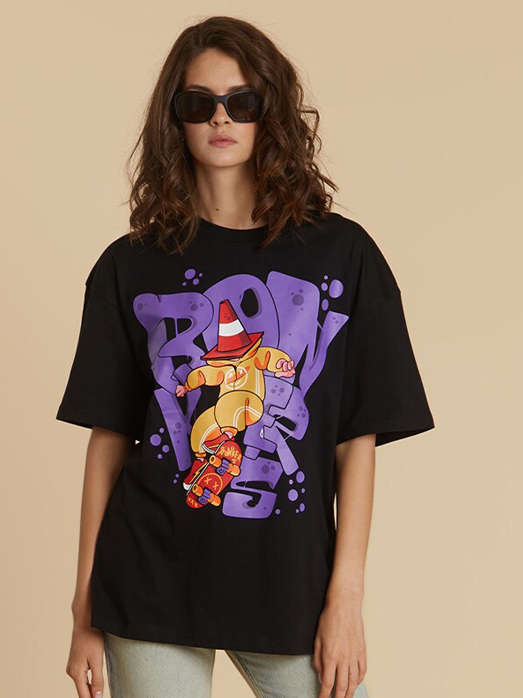 

Bonkers Corner Black Graphic Printed Oversized Cotton T-shirt