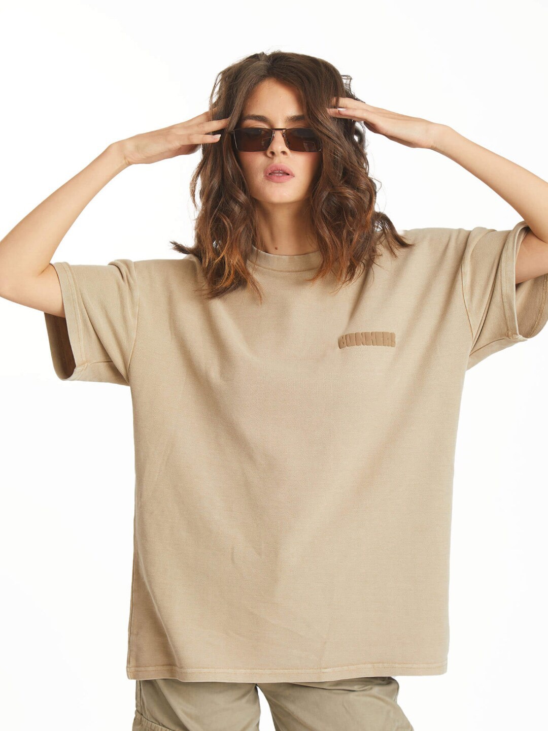 

Bonkers Corner Beige Drop-shoulder Sleeves Oversized Cotton T-shirt