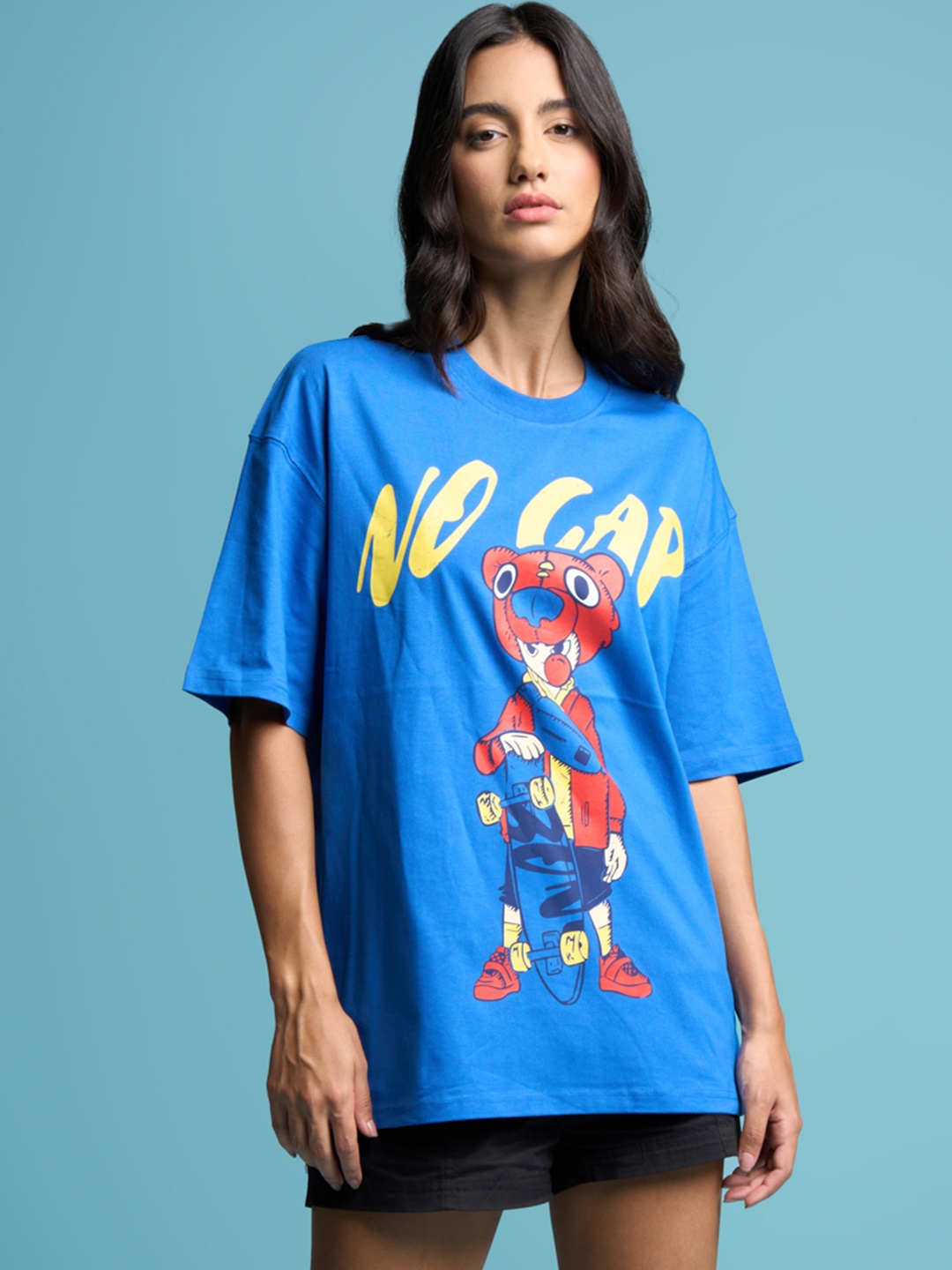 

Bonkers Corner Graphic Printed Oversized Cotton Longline T-Shirt, Blue