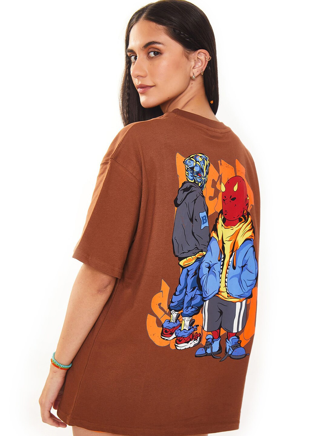 

Bonkers Corner Brown Graphic Printed Oversized Cotton T-shirt