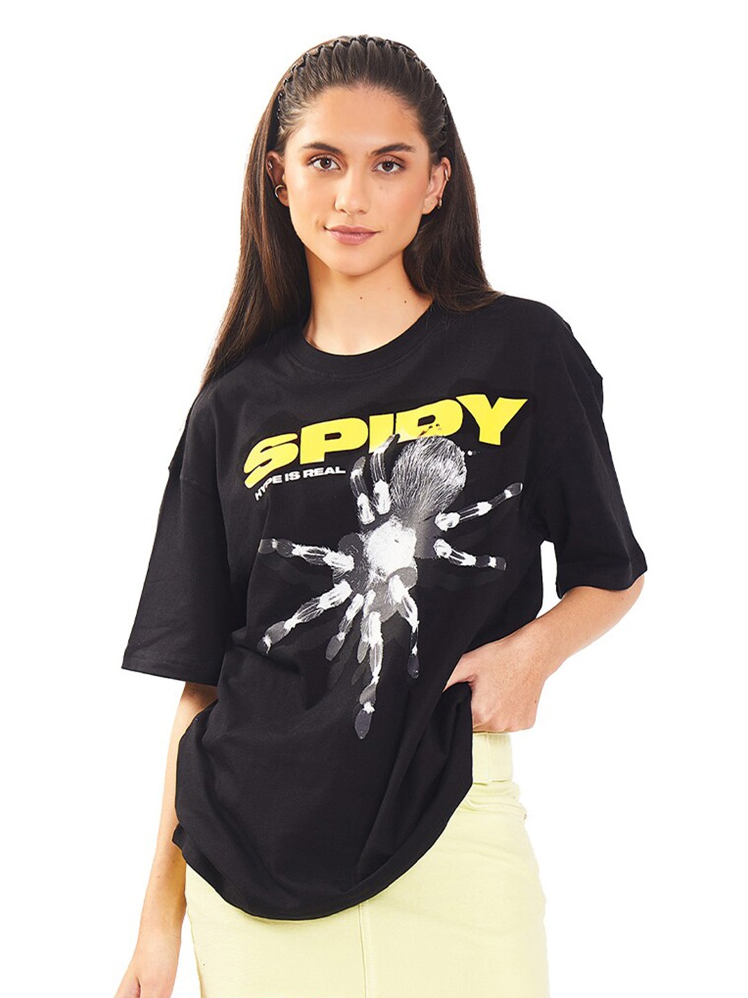 

Bonkers Corner Black Graphic Printed Drop-Shoulder Sleeves Cotton Oversized T-shirt