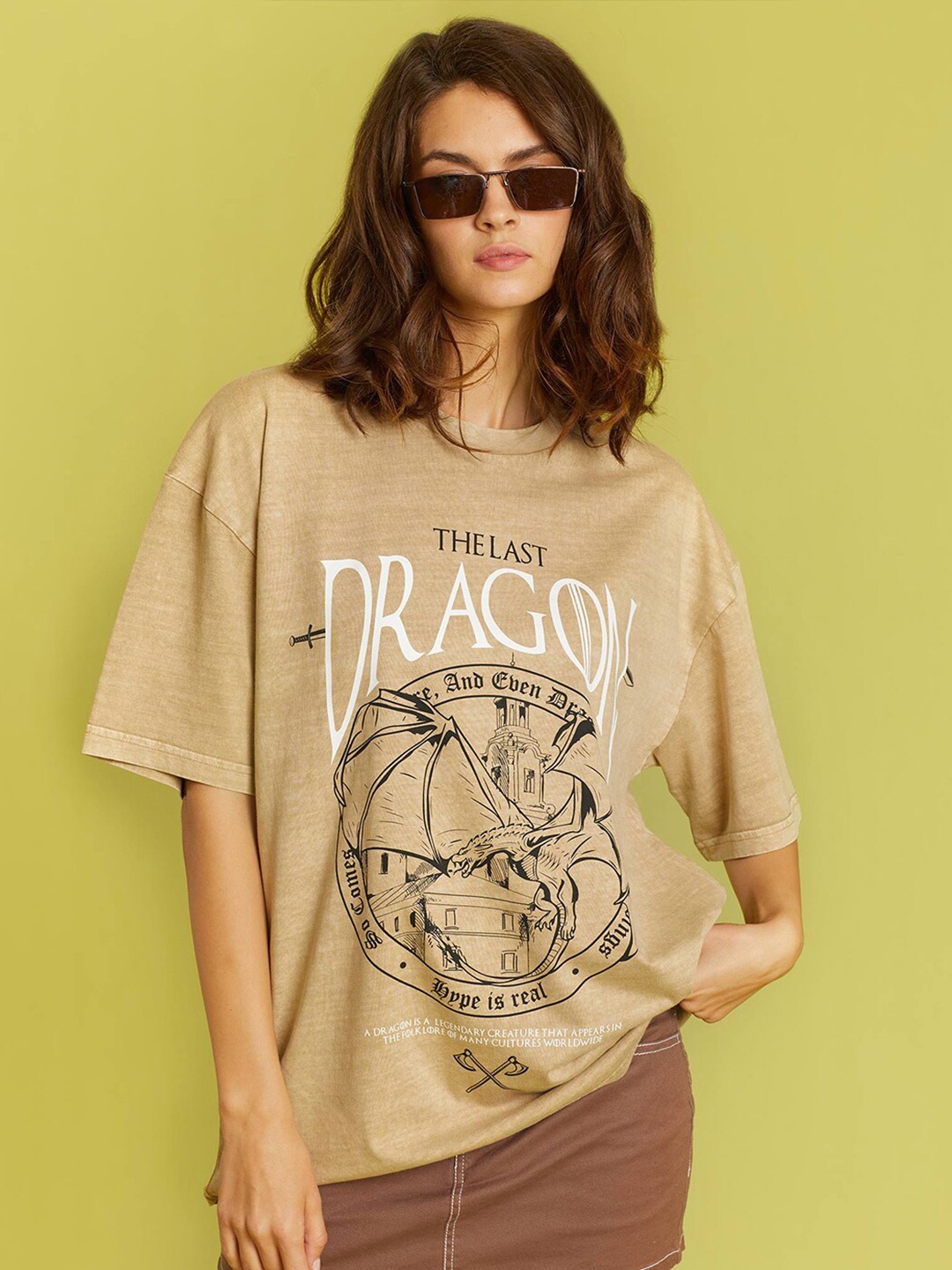 

Bonkers Corner Typography Printed Drop Shoulder Sleeves Oversized Cotton Longline T-Shirt, Brown