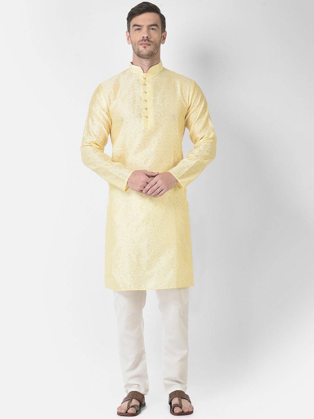 

SG LEMAN Woven Design Mandarin Collar Straight Kurta With Pyjamas, Cream