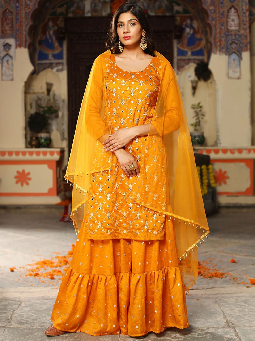 

Phenav Ethnic Motifs Embroidered Mirror Work Kurta With Sharara & Dupatta, Gold