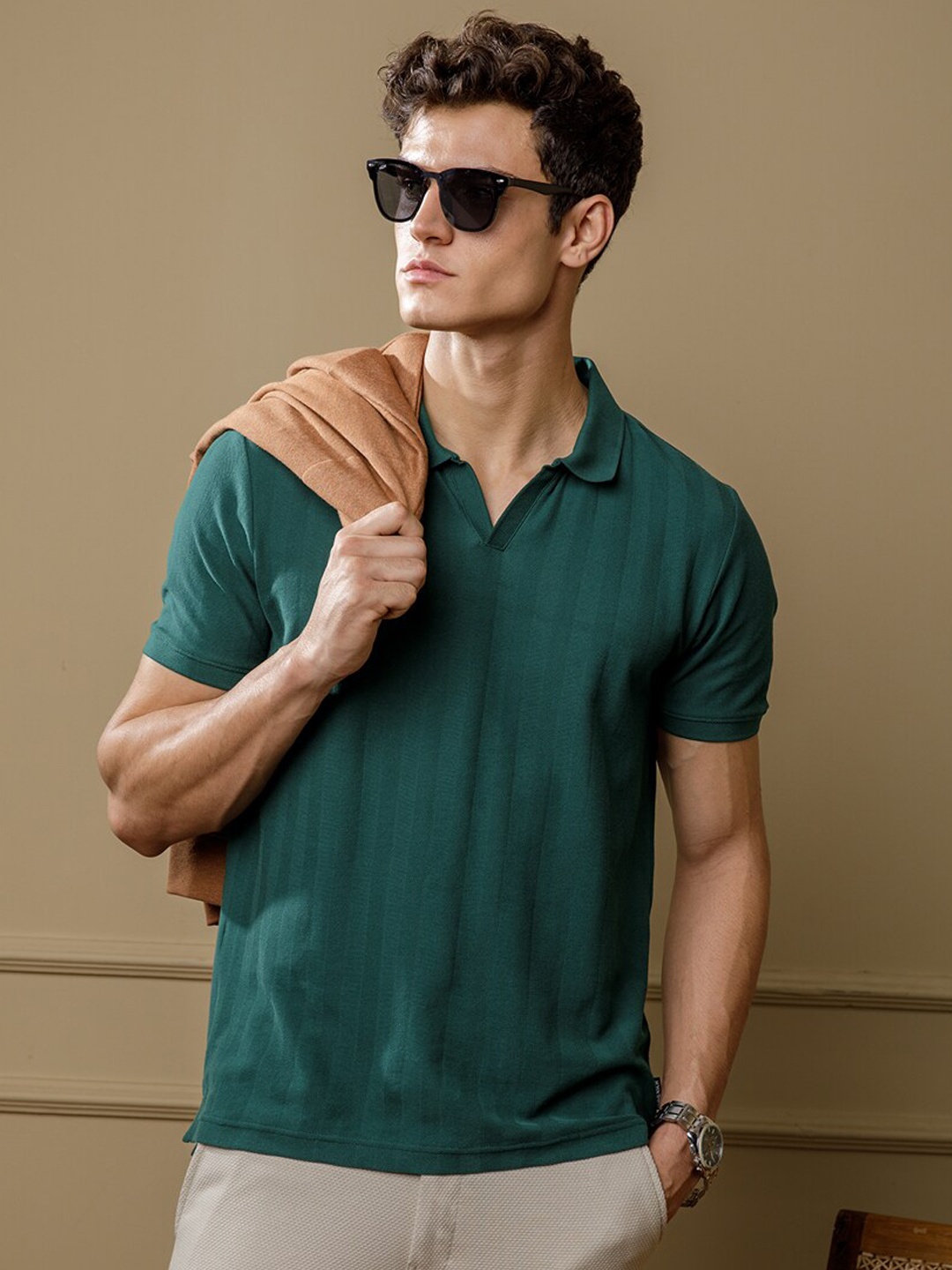 

DaMENSCH Statement Johnny Collar Herringbone Texture Polo T-Shirts, Green