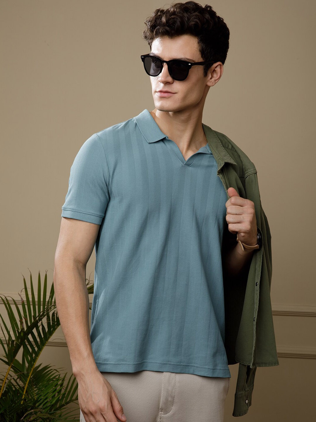 

DAMENSCH Statement Johnny Collar Herringbone Texture Polo T-Shirts, Teal