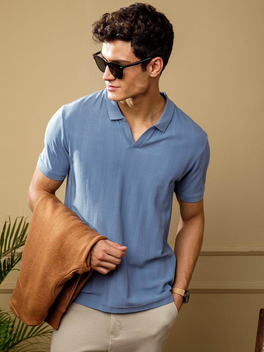 

DaMENSCH Statement Johnny Collar Herringbone Texture Polo T-Shirts, Blue