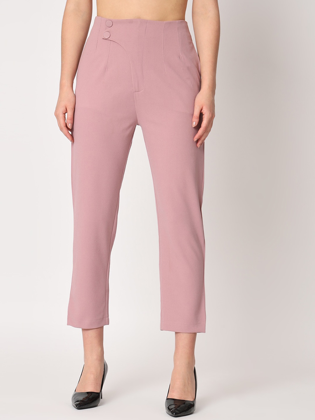 

Zastraa Women Pink Peg Leg Slim Fit High-Rise Cropped Trousers