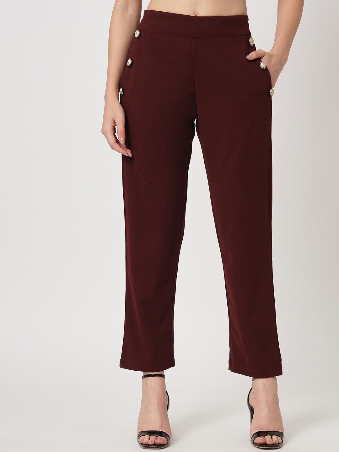 

Zastraa Women Burgundy Peg Leg Slim Fit High-Rise Trousers