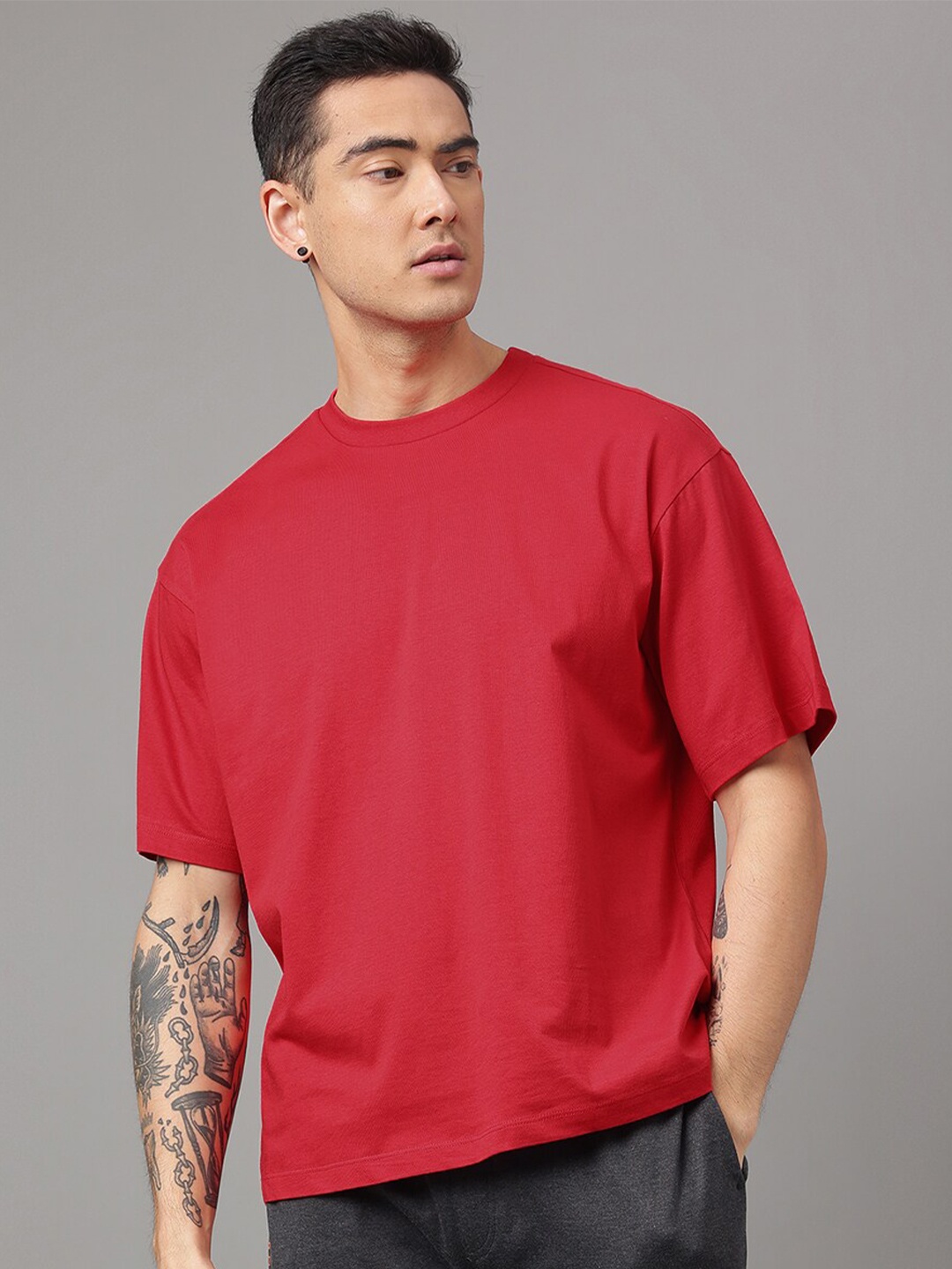 

Free Authority Drop-Shoulder Sleeves Loose-Fit Pure Cotton Tshirt, Red