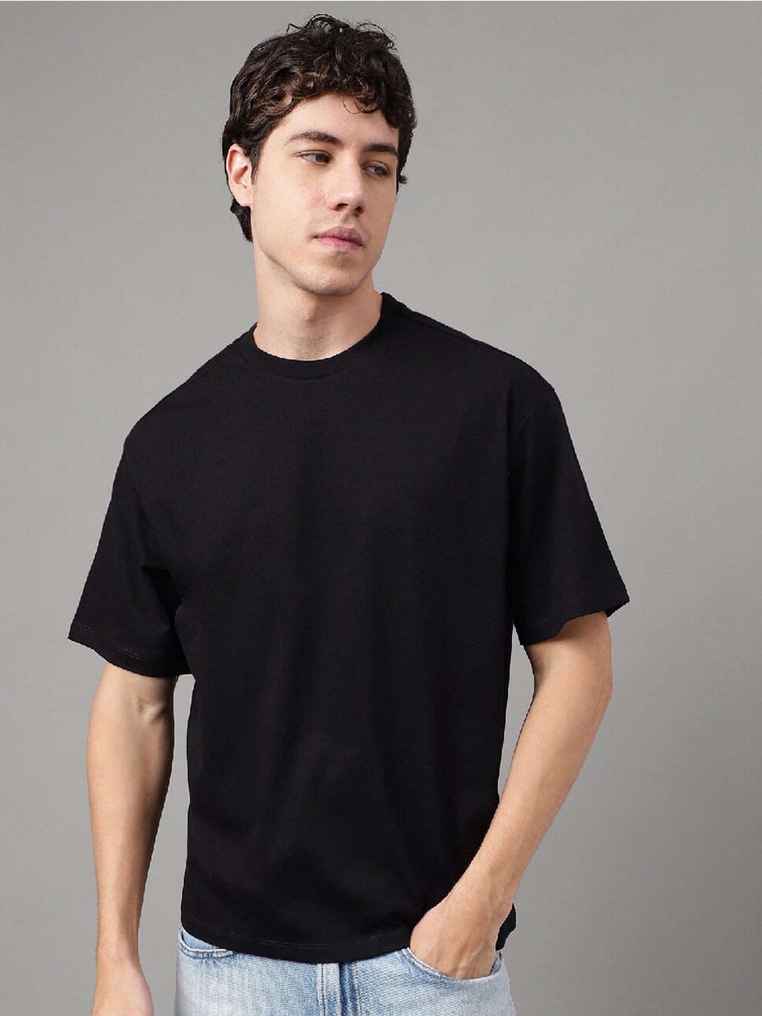 Free Authority Drop-Shoulder Sleeves Loose-Fit Pure Cotton Tshirt, Black