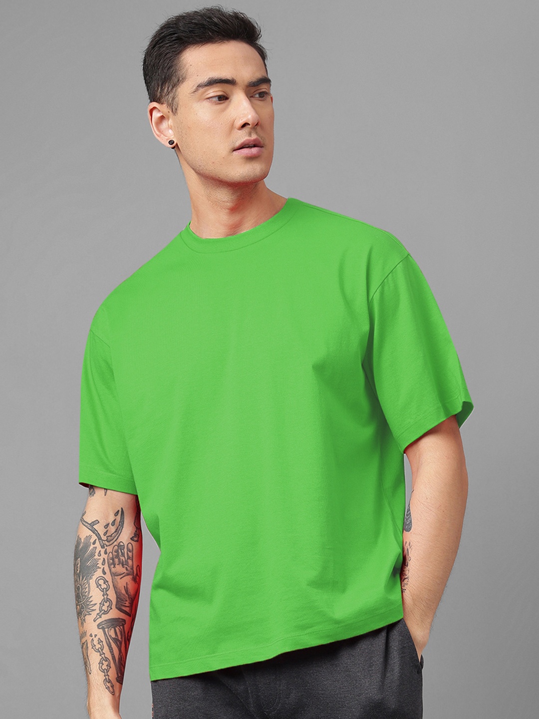 

Free Authority Drop-Shoulder Sleeves Loose-Fit Pure Cotton Tshirt, Green