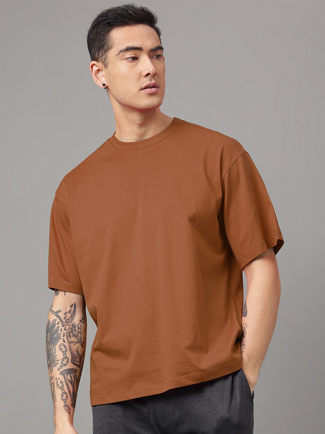 

Free Authority Oversized Round Neck Pure Cotton T-Shirt, Brown