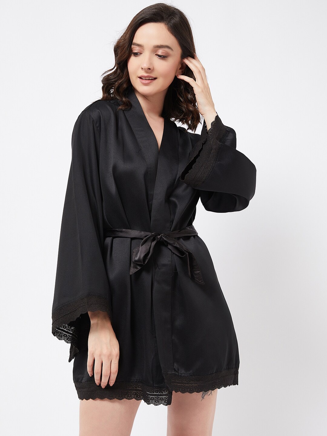 

COLOR CAPITAL V-Neck Long Sleeve Wrap Nightdress, Black