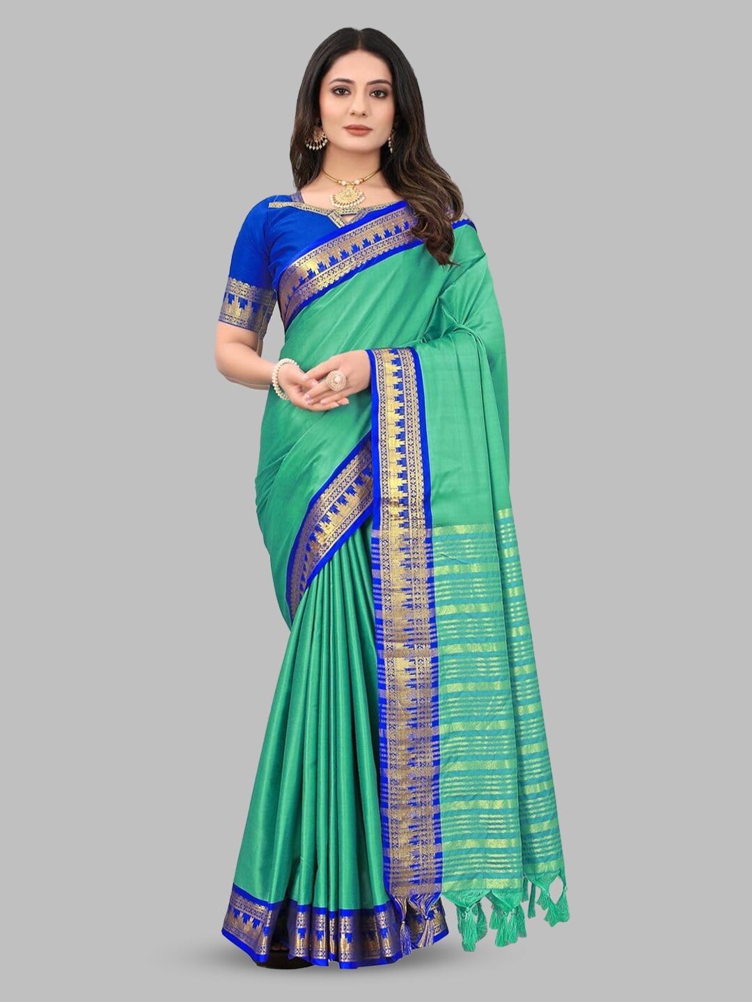 

Paramparik Textile Zari Pure Silk Banarasi Saree, Turquoise blue