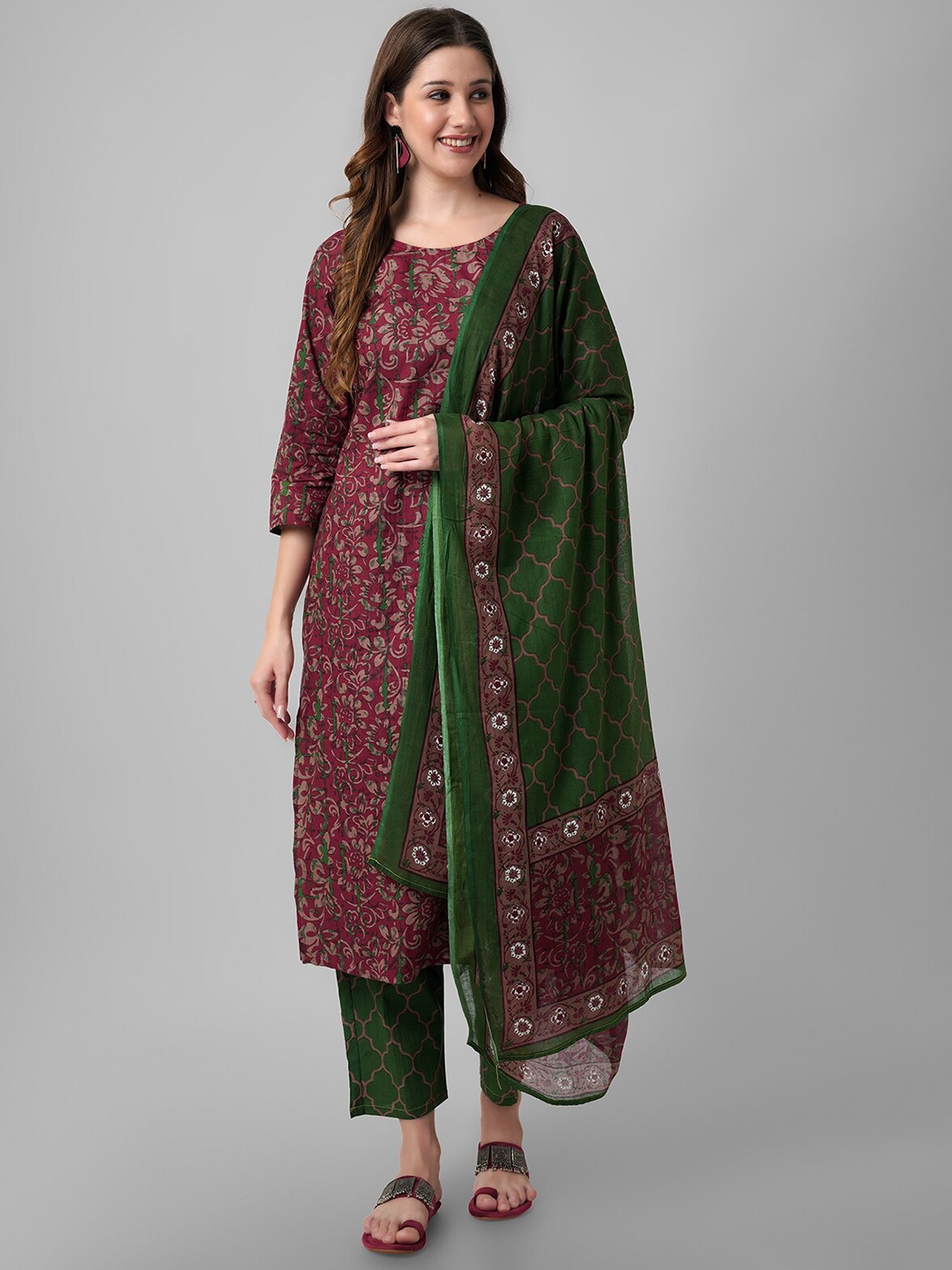 

Arayna Floral Printed Pure Cotton Straight Kurta With Palazzos & Dupatta, Maroon