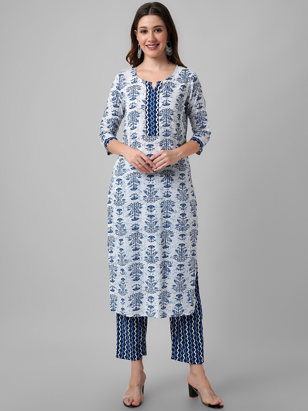 

Arayna Floral Printed Pure Cotton Straight Kurta With Trousers & Dupatta, Blue