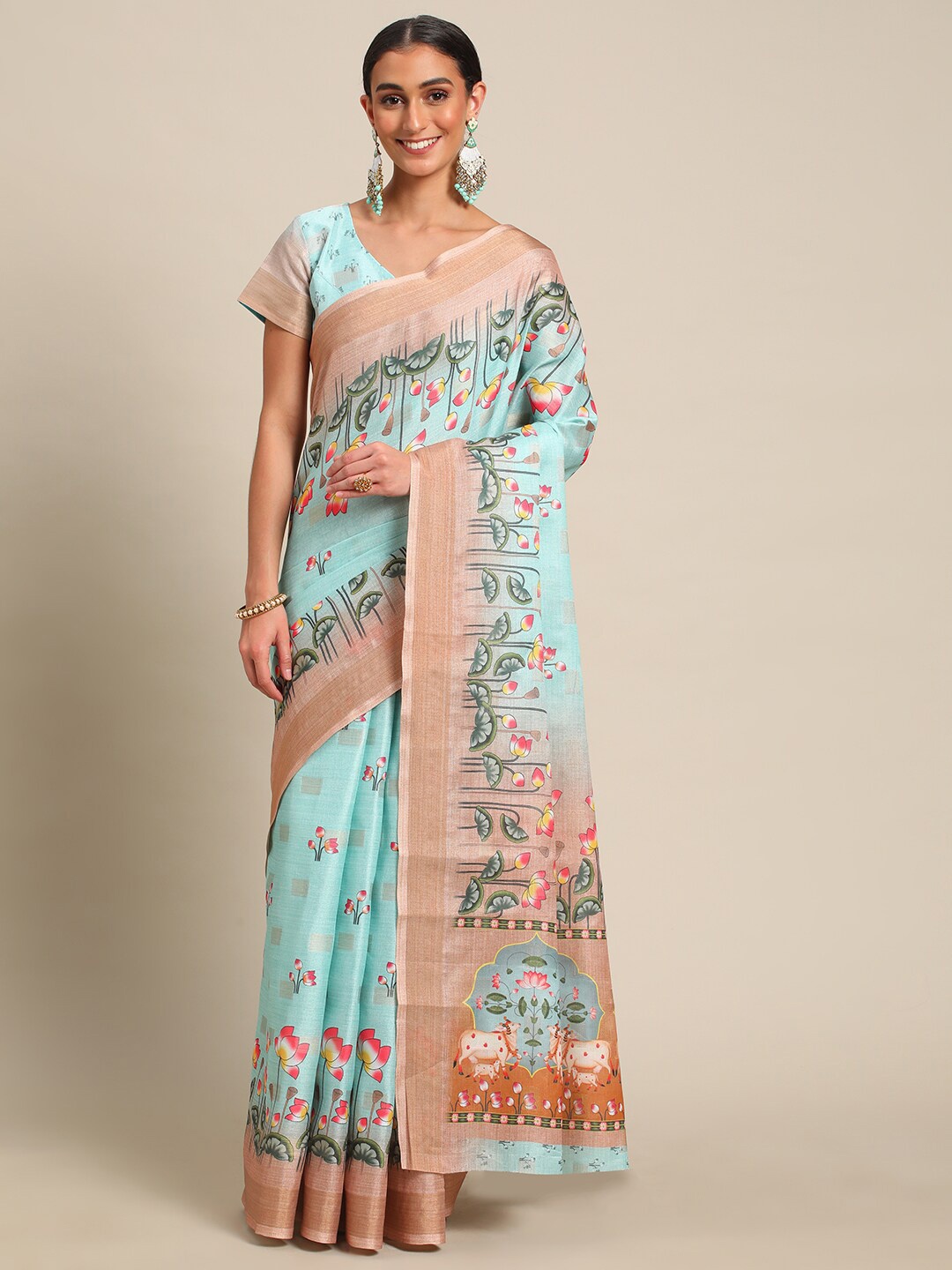 

all about you Blue Floral Printed Saree