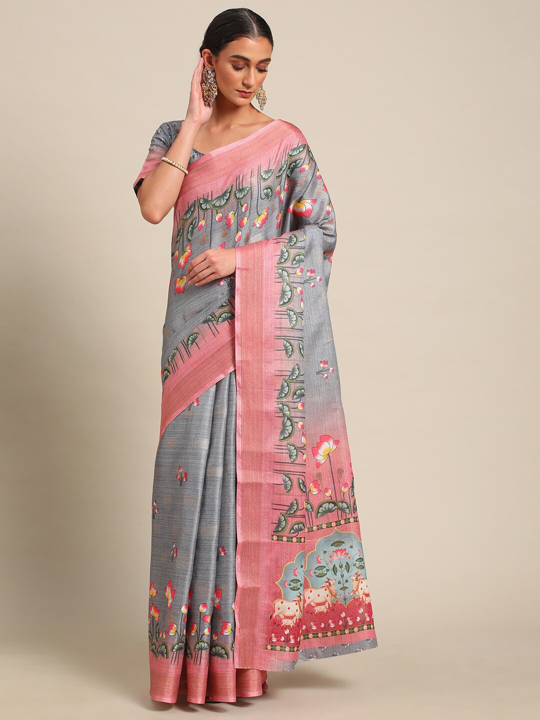 

all about you Grey Floral Printed Saree