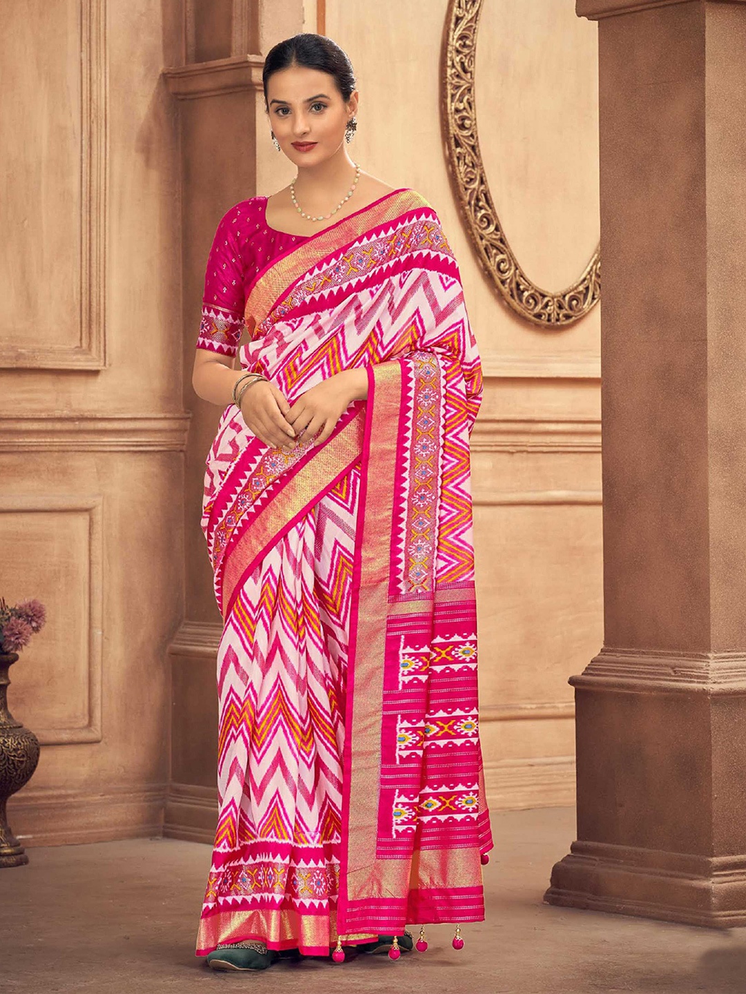 

Mitera Pink Geometric Printed Zari Detailed Patola Saree