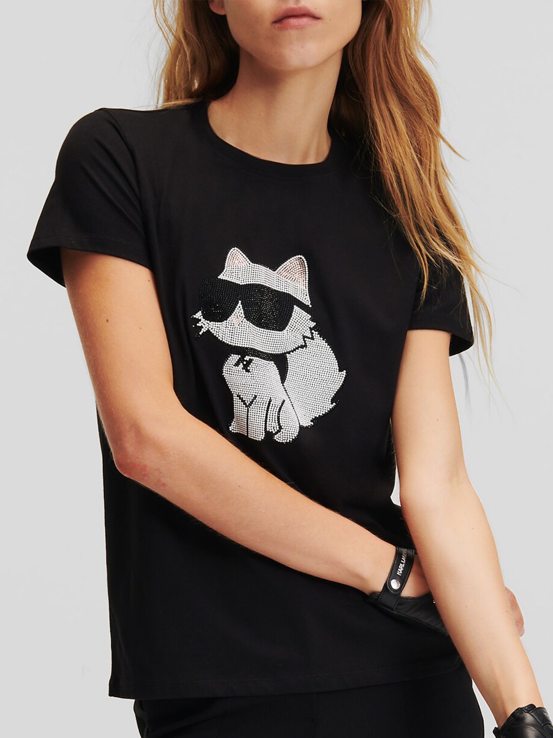 

Karl Lagerfeld Round Neck Embellished Cotton Casual T-shirt, Black